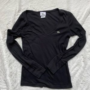 Stretchy Lacoste Long Sleeve V Neck T Shirt
